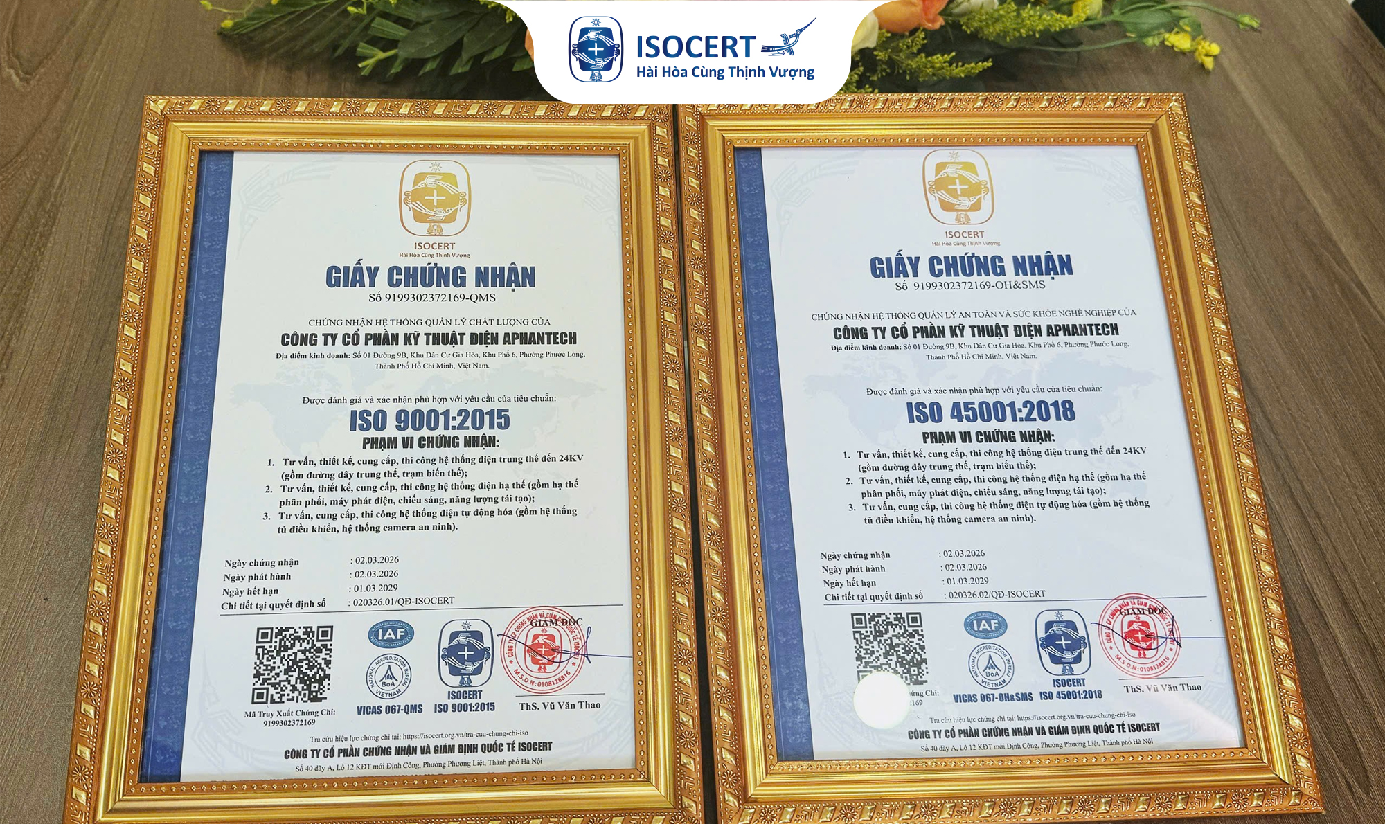 APHANTECH đạt chứng nhận ISO 9001 & ISO 45001 - Nâng cao năng lực quản lý trong lĩnh vực kỹ thuật điện