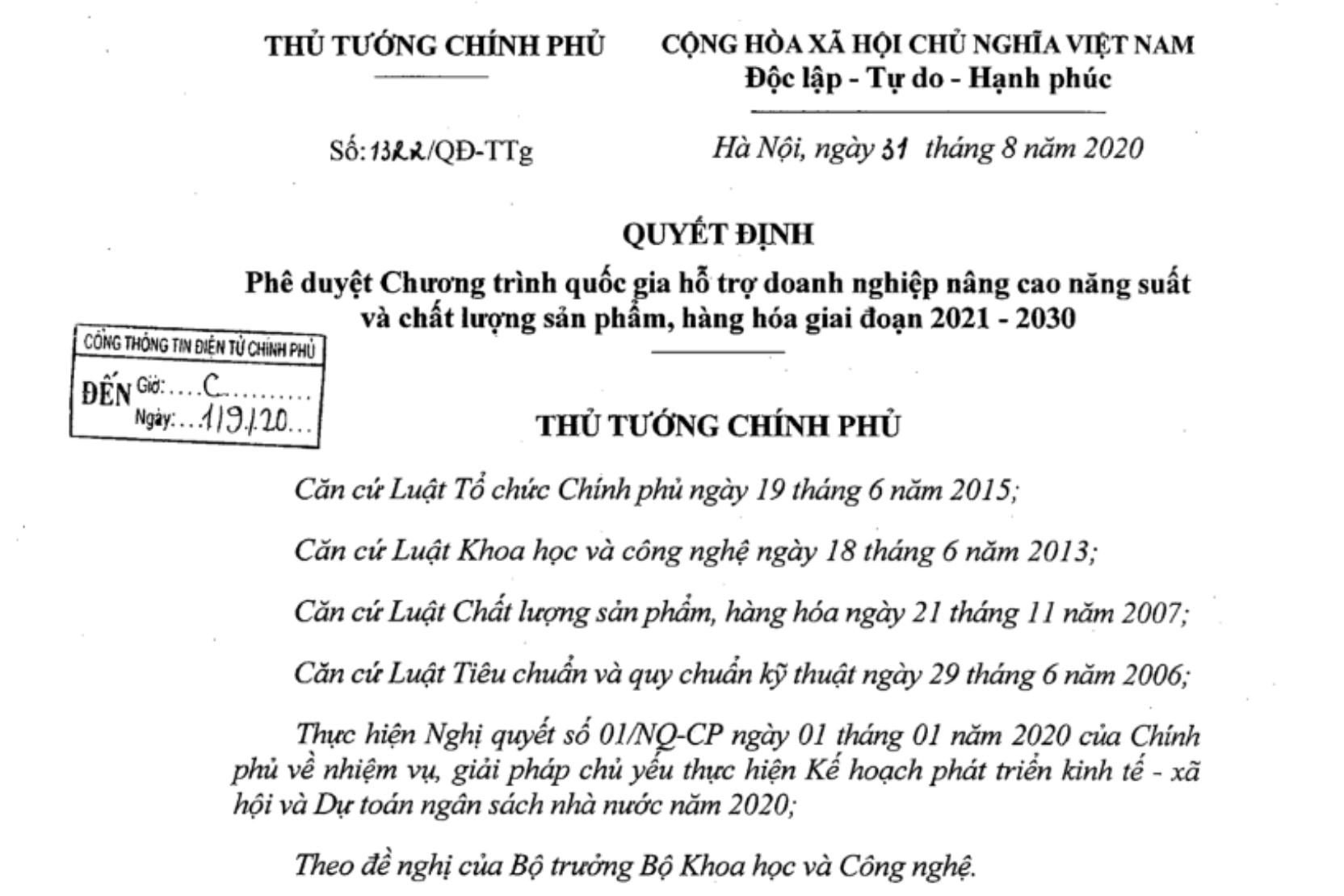 Quyết định 1322/QĐ-TTG - Nâng cao Năng suất chất lượng