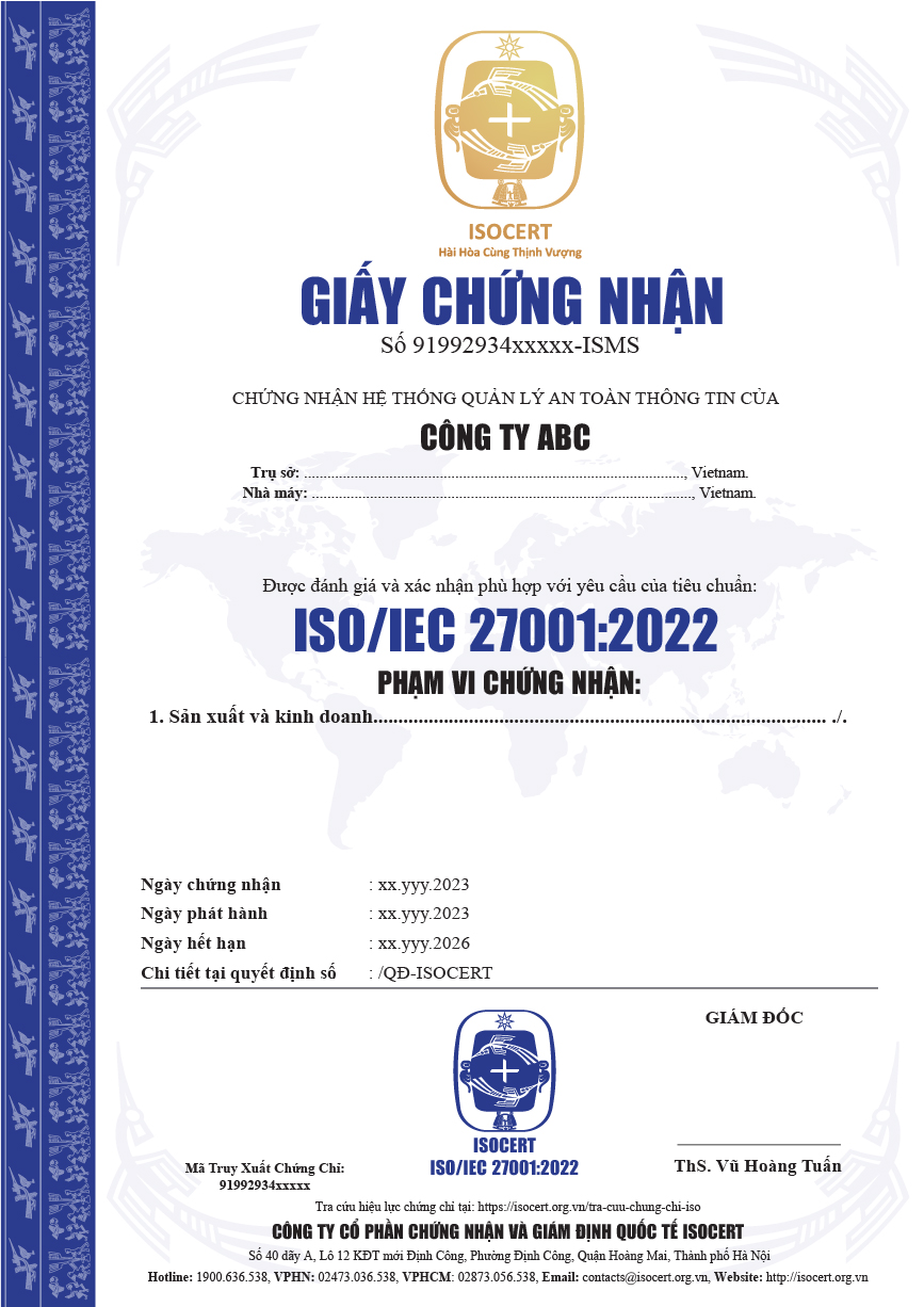 Mẫu giấy chứng nhận iso 27001:2022 bản tiếng việt