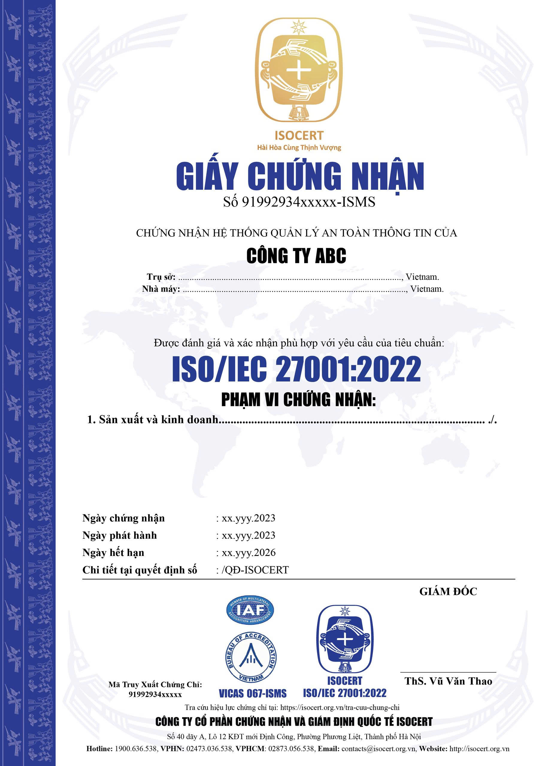 Mẫu giấy chứng nhận iso 27001:2022 bản tiếng việt