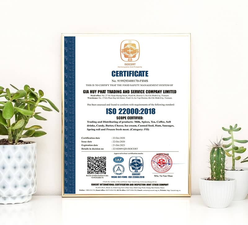 Giấy chứng nhận ISO 22000 ISOCERT cấp cho Gia Huy Phát - Tiếng Anh