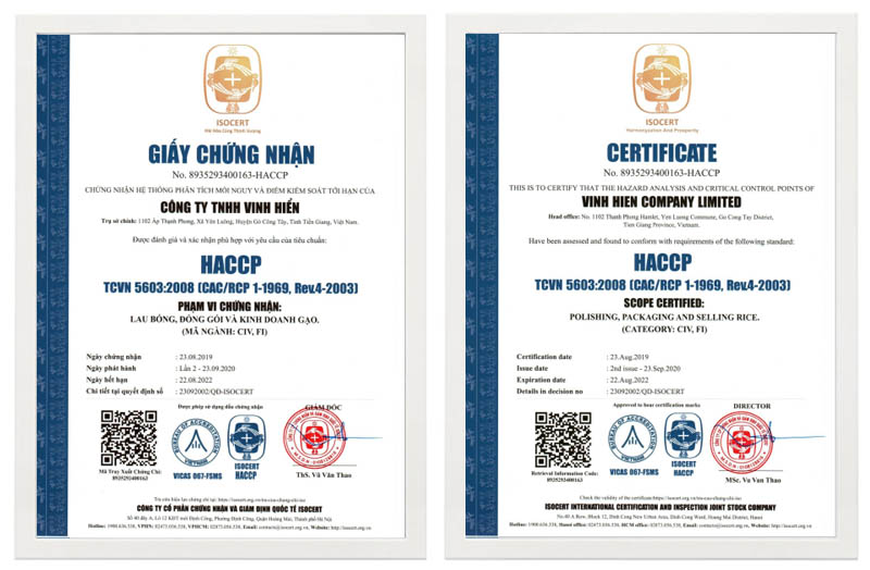 Giấy chứng nhận HACCP cho công ty TNHH Vinh Hiển