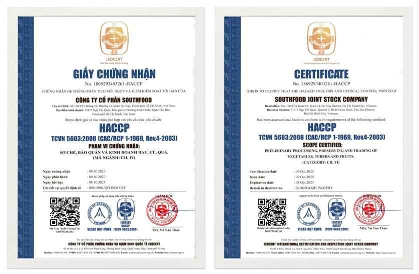 ISOCERT cấp giấy chứng nhận HACCP cho công ty cổ phần Southfood