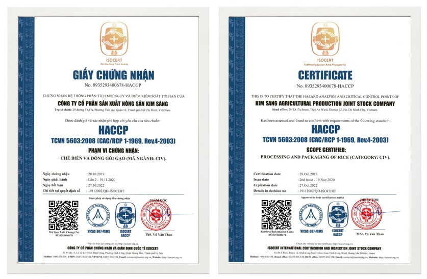 ISOCERT cấp giấy chứng nhận HACCP cho công ty cổ phần sản xuất nông sản Kim Sáng