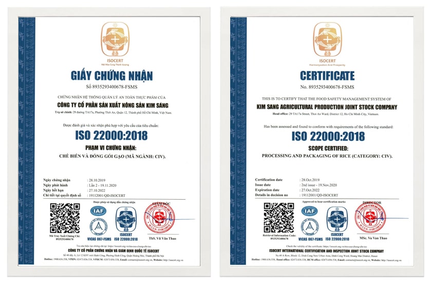 Công ty cổ phần sản xuất nông sản Kim Sáng đã áp dụng thành công và đạt chứng nhận phù hợp tiêu chuẩn ISO 22000